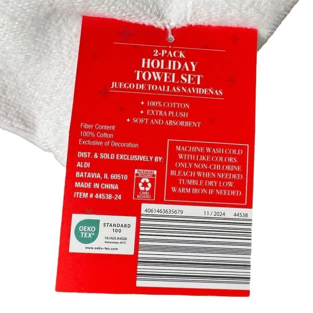 Aldi Merry Moments Holiday Hand Towel Set 2-Pack White Let It Snow Black Stars